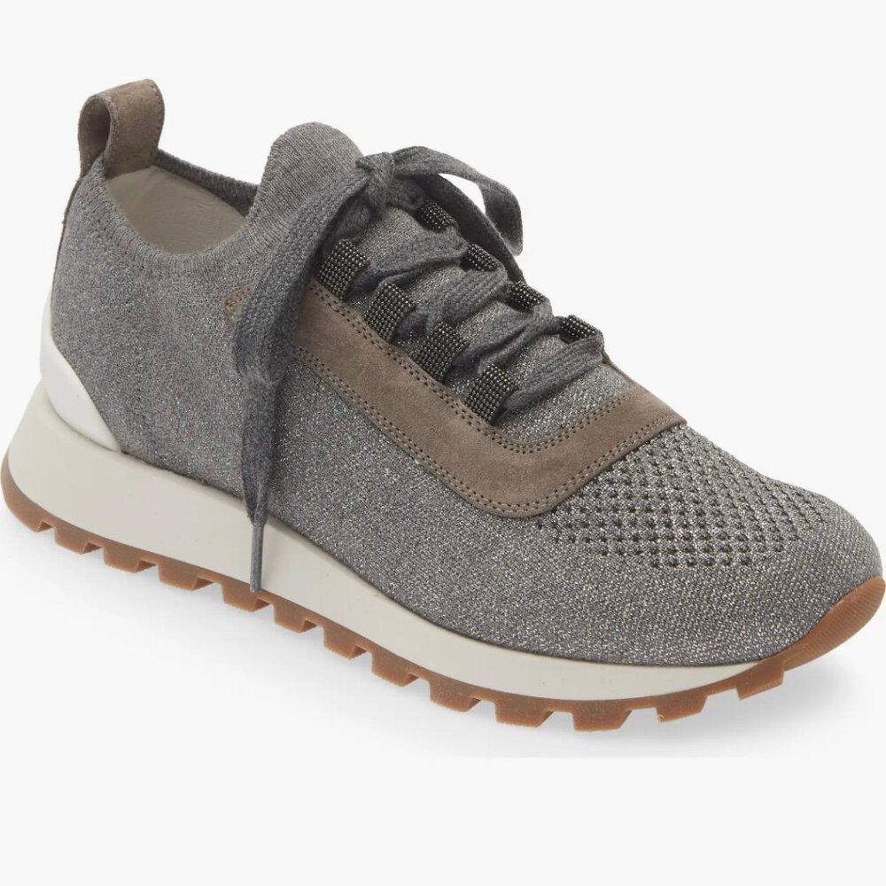 Brunello Cucinelli Monili Metallic Knit Lace-Up Sneaker In Grey